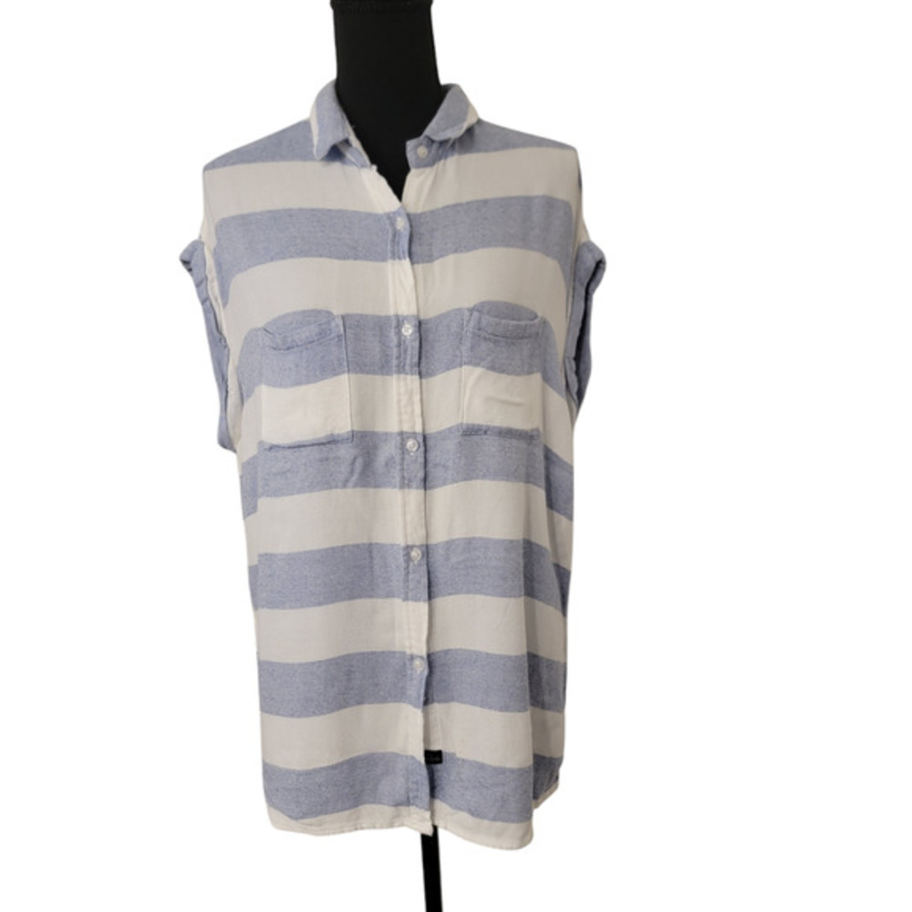 Rails Striped Button Collar Cap Sleeve Beachy‎ Coastal Nautical Fisherman Blue